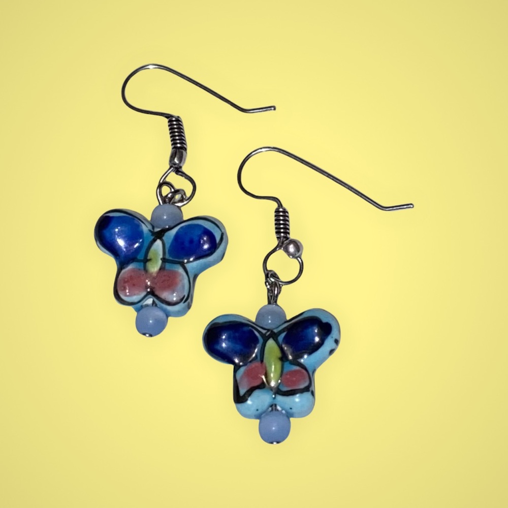Hand Crafted Butterfly Earrings Porcelain Long Dangle Blue Pink Pierced - Picture 5 of 7